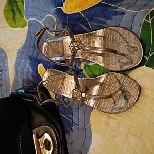 Tory Burch Silver Metallic Pewter Miller Heels Sandals Shoes 8